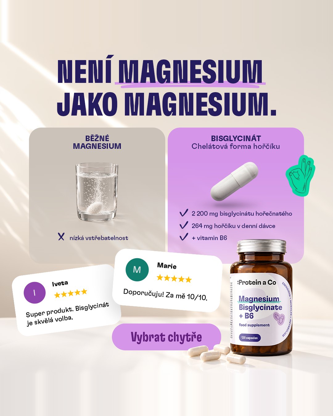 Není magnesium jako magnesium: běžné magnesium v šumivé tabletě vs. bisglycinát, chelátová forma hořčíku v kapsli